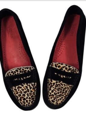 G.H. Bass & Co. Black Suede Leopard Print Penny Loafers with Red Insole Size 11